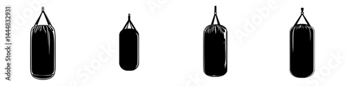 Silhouette pictograms of various hanging punching bags for fitness activities and martial arts training