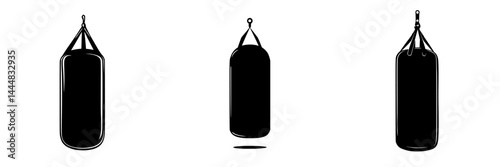 Collection of silhouette pictogram designs showcasing different angles of a punching bag used in fitness and boxing activities