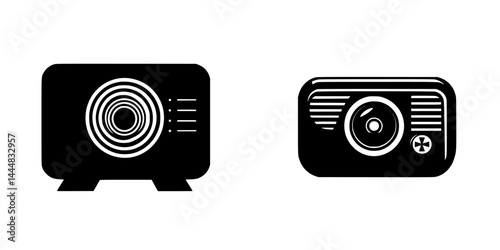 Silhouette pictogram icons of projector and camera designed for creative and educational purposes