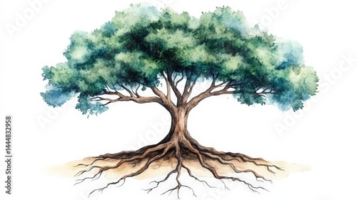 Obraz na płótnie Symbolic Watercolor Tree with Visible Roots Representing Nature's Connection w salonie