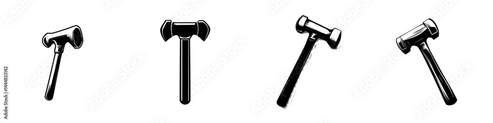 Silhouette pictogram set of various hammer designs displaying distinct shapes and styles for graphic usage