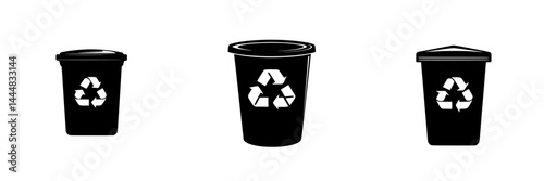 Black silhouette pictogram icons representing recycling bins for waste management and environmental awareness
