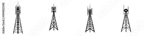 Silhouette pictogram set of communication towers displaying various antenna configurations in a minimalist design