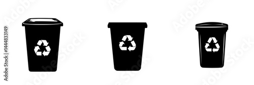 Silhouette pictogram icons representing different recycling bins for waste disposal and environmental awareness in various settings