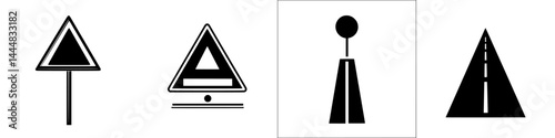 Collection of silhouette pictograms depicting various traffic signs and roadway indicators in a simple vector style