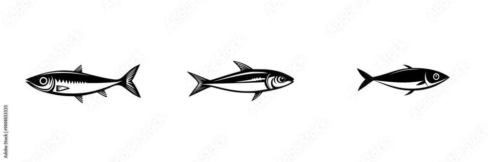 Stylized silhouette pictograms of various fish representing aquatic life in a minimalist design suitable for diverse applications