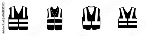 Silhouette pictogram icons of safety vests for construction and industrial activities in various styles and designs