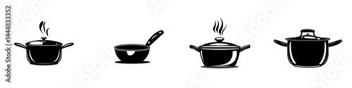 Silhouette pictogram set of cooking utensils featuring pots, pans, and steam effects in a minimalist design for culinary illustrations