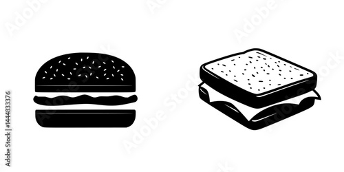Collection of silhouette pictograms depicting a hamburger and a sandwich in isolated vector design for food-related themes