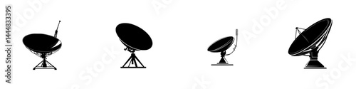 Silhouette pictograms showing various types of satellite dishes in a vector icon set