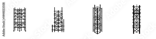 Silhouette pictogram representing various scaffolding structures in construction environments