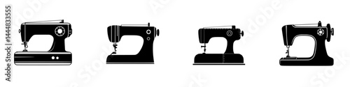 Silhouette pictograms of vintage sewing machines representing various styles and designs