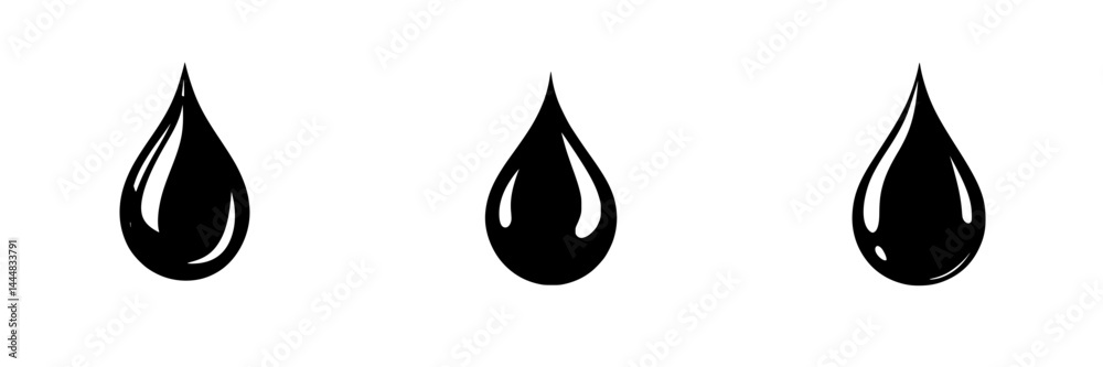 Three distinct black silhouette drops representing liquid in a minimalistic vector design suitable for various applications Three distinct black silhouette drops representing liquid in a minimalistic vector design suitable for various applications