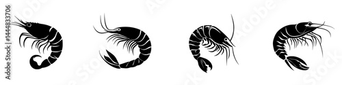 Silhouette pictogram set depicting various shrimp designs in a minimalist style for graphic and educational uses