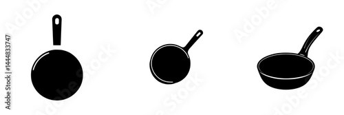 Set of three silhouette pictograms depicting various frying pans in isolated vector design for culinary arts