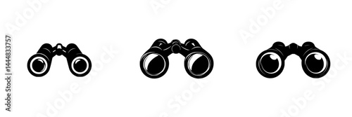 Silhouette pictogram set of binoculars in various angles showcasing observational activities and exploration