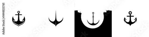 Set of four isolated vector silhouette icons depicting anchors in various styles and orientations