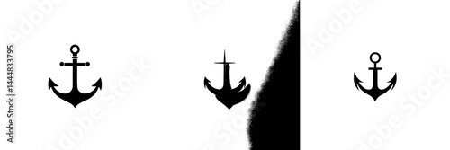 Silhouette pictograms featuring various anchor designs grouped together in a minimalistic layout for nautical themes