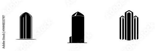 Different types of silhouette pictograms featuring various architectural structures showcasing design elements in a minimalist style