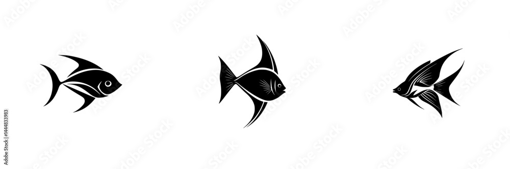 Silhouette pictograms of fish in various styles, illustrating marine life and aquatic themes for design use