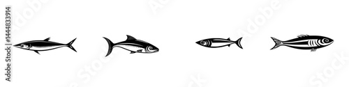 Silhouette pictograms of various fish species including tuna and sardines in a clear black and white design