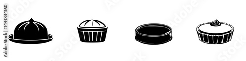 Silhouette pictogram of dessert varieties including dome cake, cupcake, tart, and pie