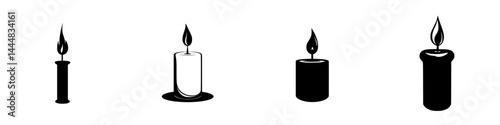 Silhouette pictogram icons of various candle styles with flames in a minimalistic design