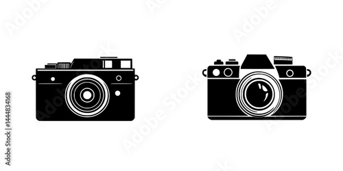Vector silhouette pictograms of vintage and modern cameras showcasing photography equipment for design projects