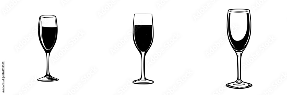 Variety of silhouette pictograms representing different styles of glasses for beverages, showcasing elegant designs and unique shapes Variety of silhouette pictograms representing different styles of glasses for beverages, showcasing elegant designs and unique shapes