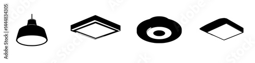 Collection of silhouette pictograms depicting various types of light fixtures in a minimalist design for easy recognition and use