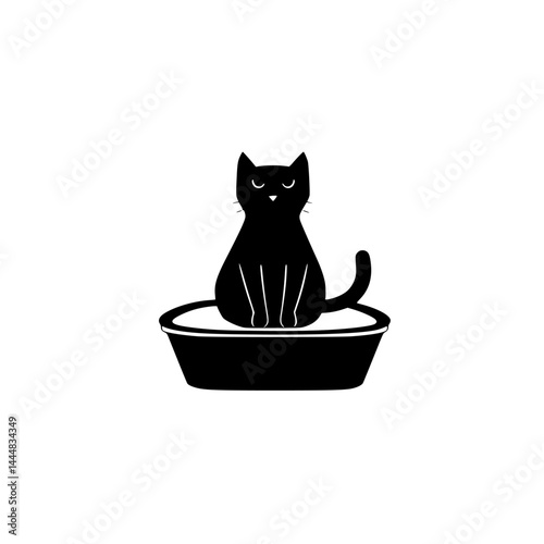 Black cat silhouette sitting comfortably in a bowl, perfect icon for representing pets and feline companions in various designs