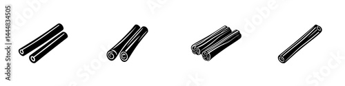 Silhouette pictogram icons set depicting cinnamon sticks in various arrangements for culinary and decorative use