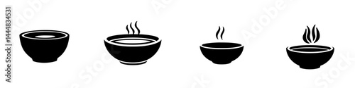 Silhouette pictogram icons of various bowls with steam representing hot meals and dishes suitable for culinary designs