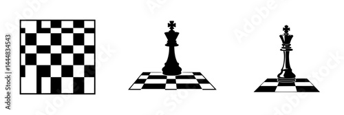 Silhouette pictogram icons representing chess elements and gameplay across a neutral background