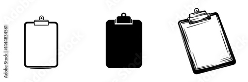 Silhouette pictogram collection of clipboard icons in various styles and orientations for design use