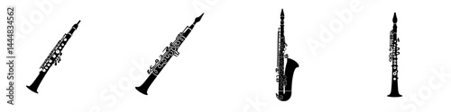 Silhouette pictogram icons set of different woodwind instruments displayed in a minimalist style