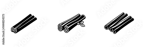 Silhouette pictograms of cinnamon sticks depicting various orientations and details for use in design and illustration projects