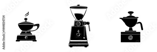 Silhouette pictogram icons of various coffee-making tools including a kettle, grinder, and espresso machine