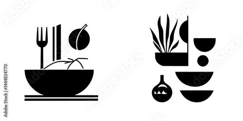 Silhouette pictogram icons depicting various dining and kitchen elements in simple designs