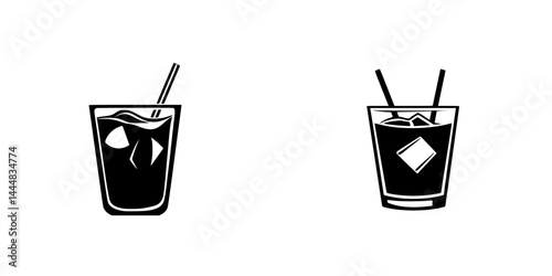 Silhouette pictograms of two different drinks in distinct glass styles with straw and ice