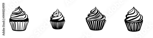 Silhouette pictogram set featuring various cupcake designs in isolated vector style for graphic use