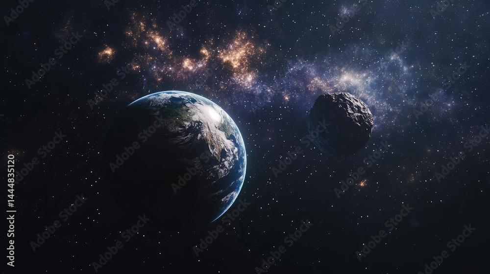Obraz premium Stunning View of Earth Surrounded by Asteroid in the Depths of Outer Space Captured in a Beautiful Cosmic Landscape Full of Stars and Galaxies