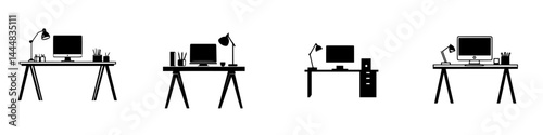Explore various silhouette pictograms of office desk setups with computers, lamps, and organizational tools for modern workspace aesthetics