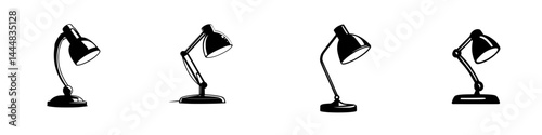Various silhouette pictograms of desk lamps showcasing different styles and positions in a minimalistic vector design format