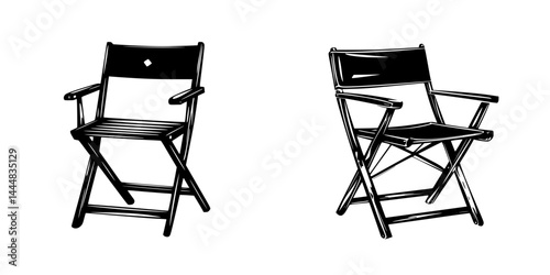 Silhouette pictograms of two folding director chairs designed for various settings and activities