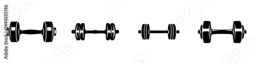 Vector set of isolated silhouette pictograms showing various dumbbell designs for fitness and gym activities