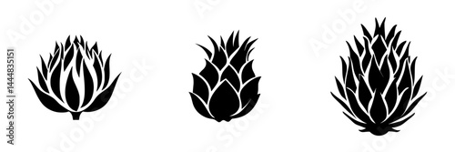 Silhouette pictogram icons depicting three unique representations of a pineapple in a minimalist design approach