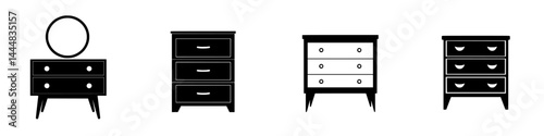 Collection of silhouette pictograms representing different styles of dressers and cabinets for home decor and interior design