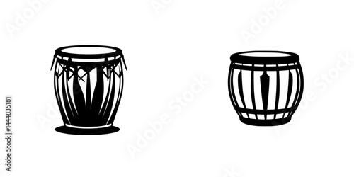 Silhouette pictogram icons set featuring various types of drums suitable for music-related designs