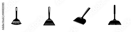 Collection of silhouette pictograms of cleaning tools including broom and dustpan in a minimalist style